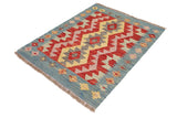 Flat Weave Kilim, Antique, Navaho, Vintage, Handmade, Geometric Kilim Red Blue Hand-Woven Rectangle 100% Wool Area Rug 2 x 2
