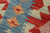 Flat Weave Kilim, Antique, Navaho, Vintage, Handmade, Geometric Kilim Red Blue Hand-Woven Rectangle 100% Wool Area Rug 2 x 2