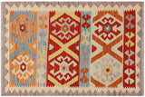Flat Weave Kilim, Antique, Navaho, Vintage, Handmade, Geometric Kilim Rust Blue Hand-Woven Rectangle 100% Wool Area Rug 3 x 4