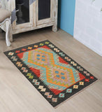 Flat Weave Kilim, Antique, Navaho, Vintage, Handmade, Geometric Kilim Blue Black Hand-Woven Rectangle 100% Wool Area Rug 2 x 3