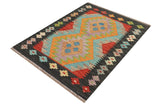 Flat Weave Kilim, Antique, Navaho, Vintage, Handmade, Geometric Kilim Blue Black Hand-Woven Rectangle 100% Wool Area Rug 2 x 3