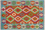 Flat Weave Kilim, Antique, Navaho, Vintage, Handmade, Geometric Kilim Rust Blue Hand-Woven Rectangle 100% Wool Area Rug 3 x 5