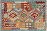 Flat Weave Kilim, Antique, Navaho, Vintage, Handmade, Geometric Kilim Blue Rust Hand-Woven Rectangle 100% Wool Area Rug 3 x 5