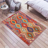 Flat Weave Kilim, Antique, Navaho, Vintage, Handmade, Geometric Kilim Purple Rust Hand-Woven Rectangle 100% Wool Area Rug 4 x 5