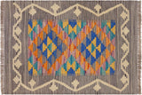 Flat Weave Kilim, Antique, Navaho, Vintage, Handmade, Geometric Kilim Gray Beige Hand-Woven Rectangle 100% Wool Area Rug 2 x 3