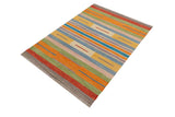 Flat Weave Kilim, Antique, Navaho, Vintage, Handmade, Modern Kilim Blue Beige Hand-Woven Rectangle 100% Wool Area Rug 4 x 6