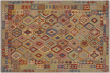 Flat Weave Kilim, Antique, Navaho, Vintage, Handmade, Geometric Kilim Blue Tan Hand-Woven Rectangle 100% Wool Area Rug 7 x 9