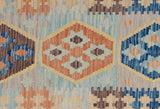 Flat Weave Kilim, Antique, Navaho, Vintage, Handmade, Geometric Kilim Gray Blue Hand-Woven Rectangle 100% Wool Area Rug 3 x 5