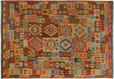 Flat Weave Kilim, Antique, Navaho, Vintage, Handmade, Geometric Kilim Gray Rust Hand-Woven Rectangle 100% Wool Area Rug 7 x 10