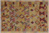 Flat Weave Kilim, Antique, Navaho, Vintage, Handmade, Geometric Kilim Ivory Blue Hand-Woven Rectangle 100% Wool Area Rug 7 x 10