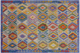 Flat Weave Kilim, Antique, Navaho, Vintage, Handmade, Geometric Kilim Lt. Blue Teal Hand-Woven Rectangle 100% Wool Area Rug 7 x 10