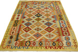 Flat Weave Kilim, Antique, Navaho, Vintage, Handmade, Geometric Kilim Ivory Gold Hand-Woven Rectangle 100% Wool Area Rug 5 x 6