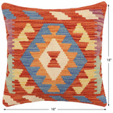 handmade Traditional Pillow Rust Blue Hand-Woven SQUARE 100% WOOL Hand woven turkish pillow2' x 2'