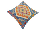 handmade Traditional Pillow Blue Orange Hand-Woven SQUARE 100% WOOL Hand woven turkish pillow2' x 2'