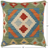 handmade Traditional Pillow Blue Green Hand-Woven SQUARE 100% WOOL Hand woven turkish pillow2' x 2'