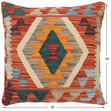 handmade Traditional Pillow Rust Blue Hand-Woven SQUARE 100% WOOL Hand woven turkish pillow2' x 2'