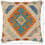 handmade Traditional Pillow Beige Blue Hand-Woven SQUARE 100% WOOL Hand woven turkish pillow2' x 2'